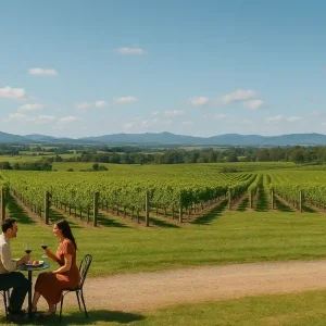 Couple enjoying a private wine tasting in Yarra Valley vineyard with panoramic views of lush grapevines, rolling hills, and clear blue sky.